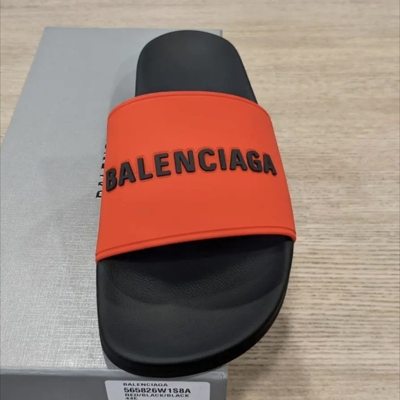 Mens Balenciaga Embossed Logo Pool Slides Sandals Black/Red - Picture 2 of 6